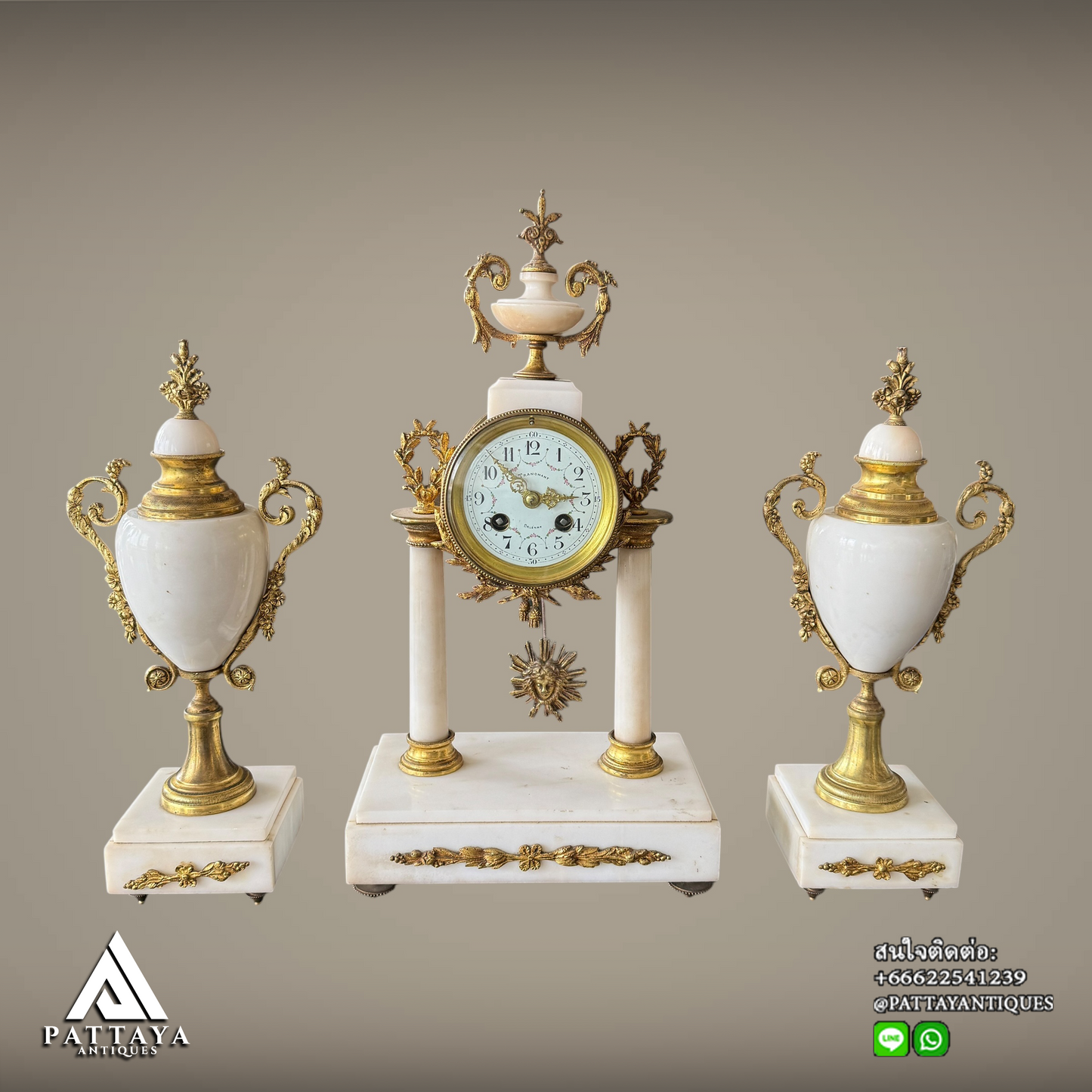 Antique French gilt bronze and white marble Portico clock set