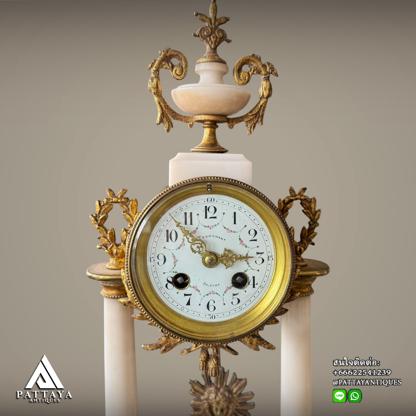 Antique French gilt bronze and white marble Portico clock set