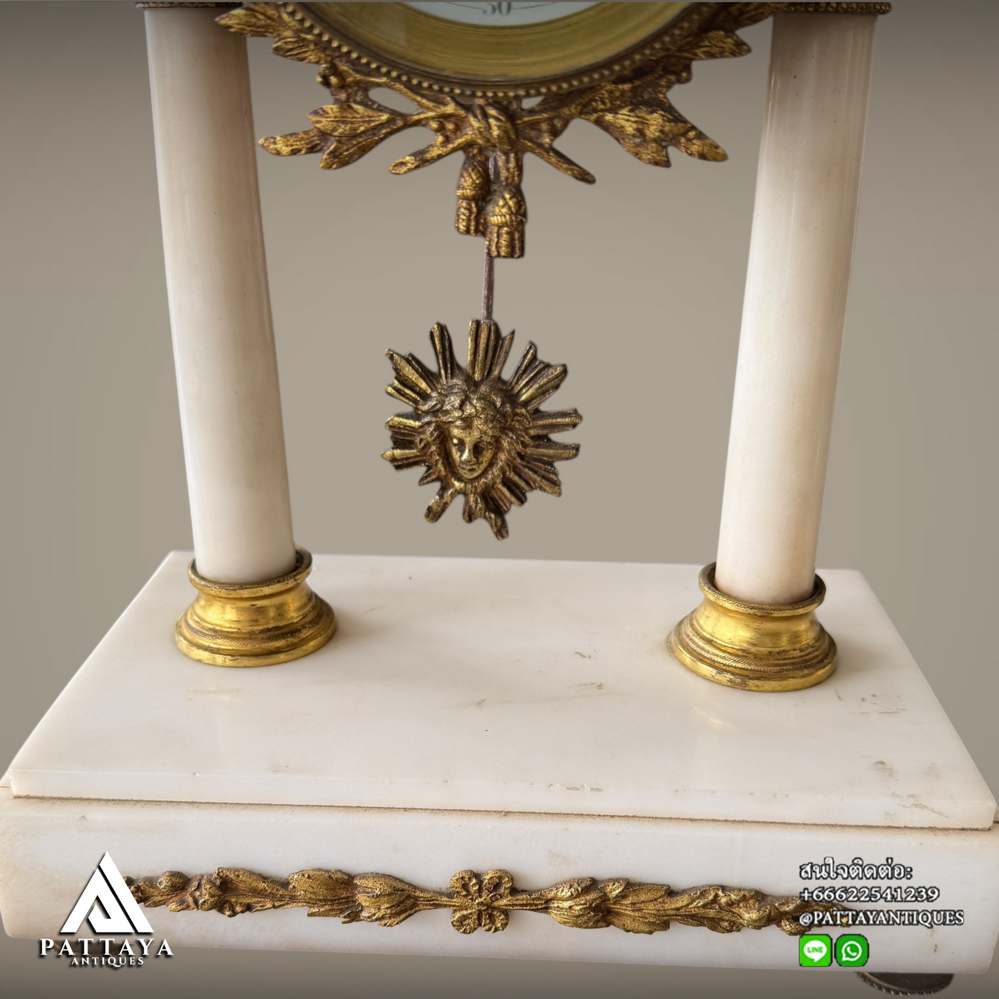 Antique French gilt bronze and white marble Portico clock set