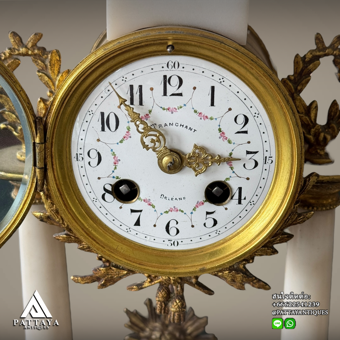 Antique French gilt bronze and white marble Portico clock set