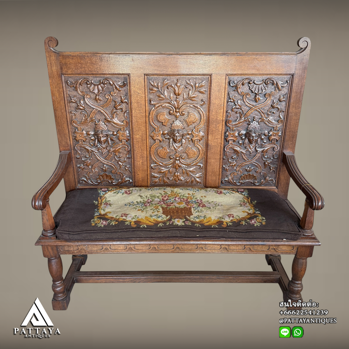 Antique Oak carved hall-bench