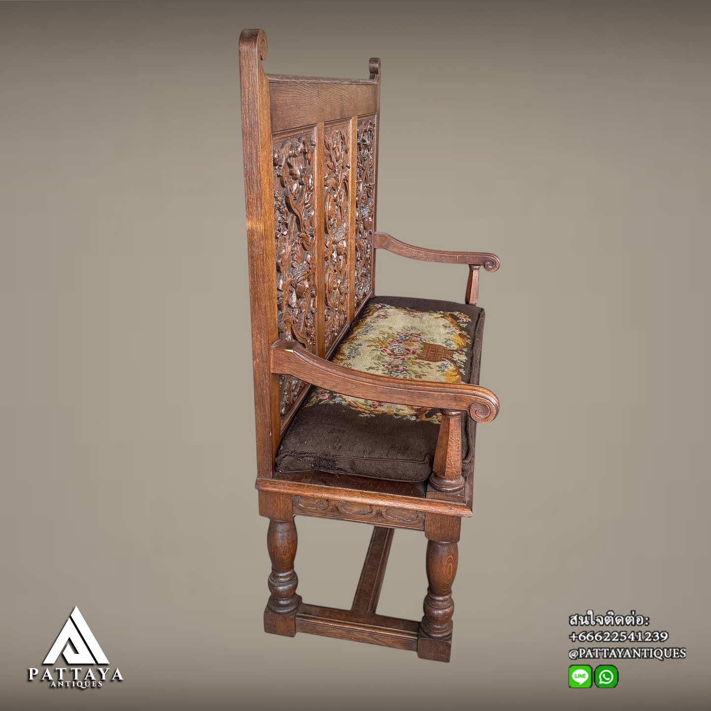Antique Oak carved hall-bench