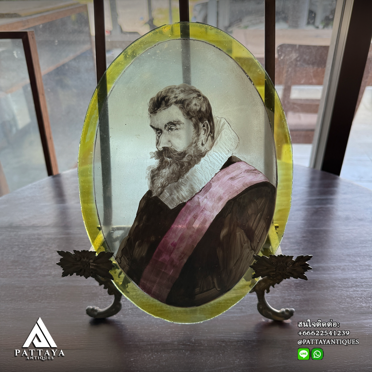 3 Antique hand-painted portrait windows