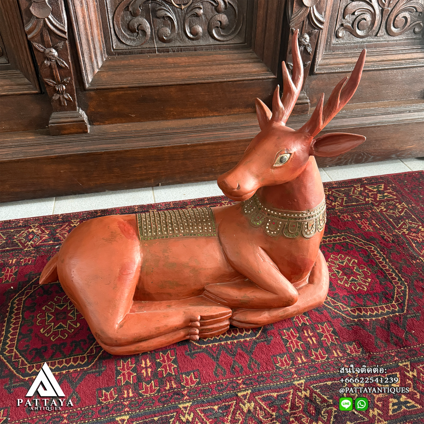Thai Wood carved Deer decorated with colored glass
