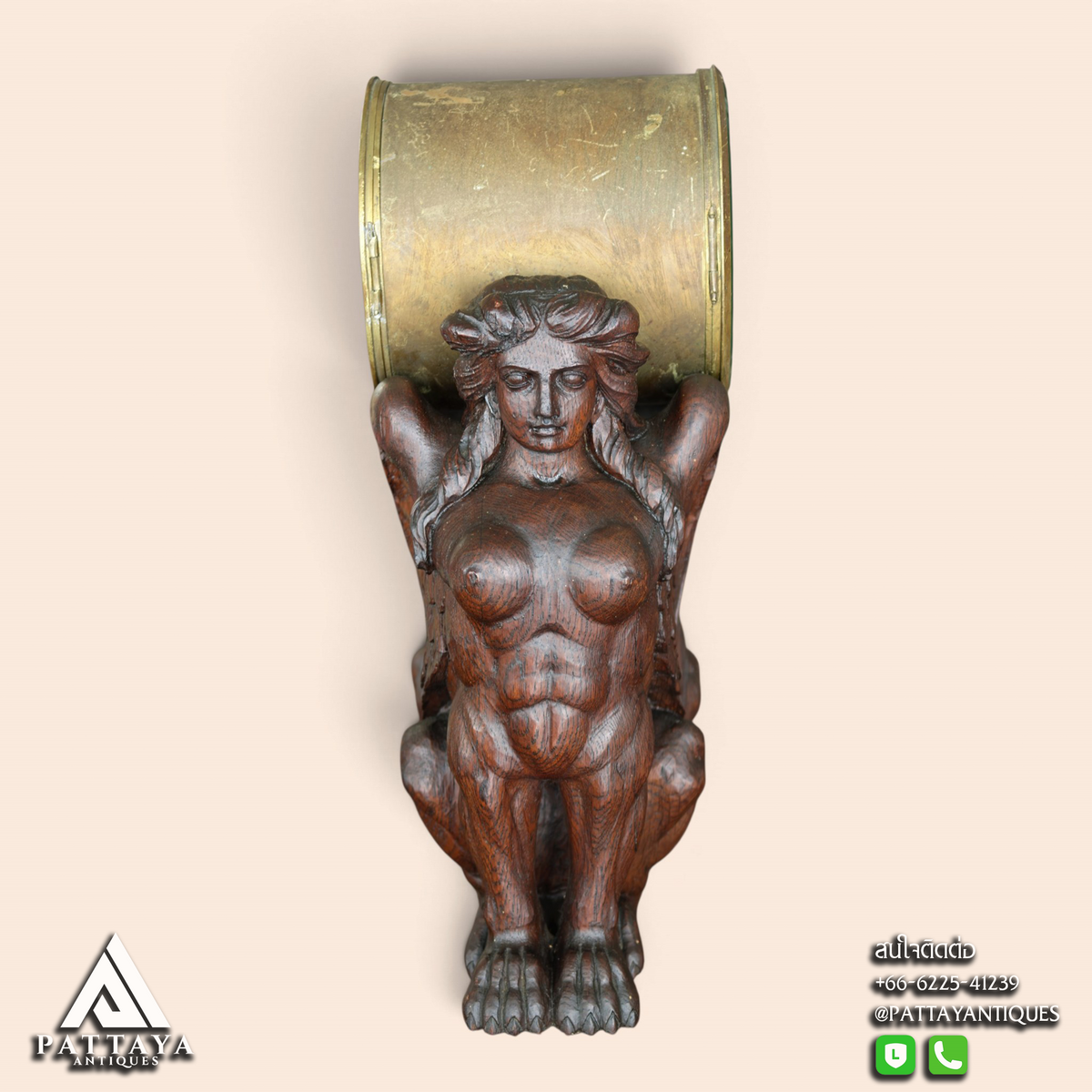 Antique Wood Carved Sphinx Table Clock