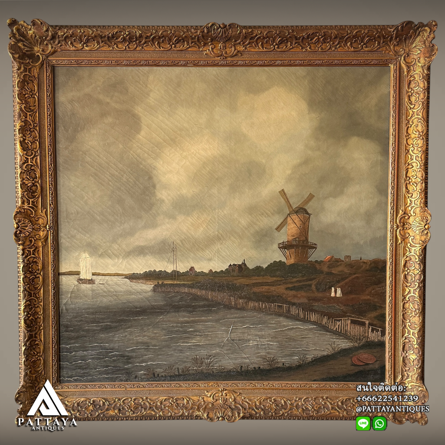 Vintage Windmill by river oil on canvas (signed)
