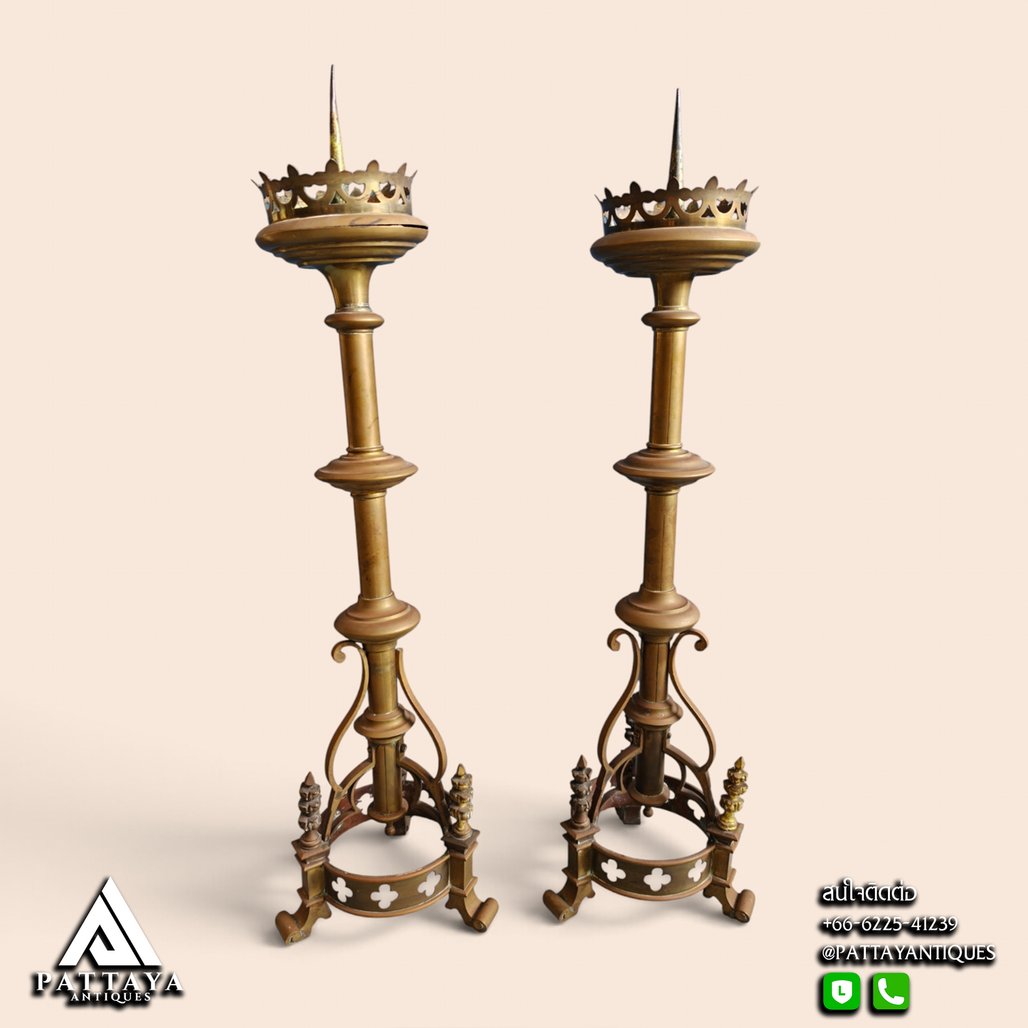 Pair Brass Gothic Candle Holders