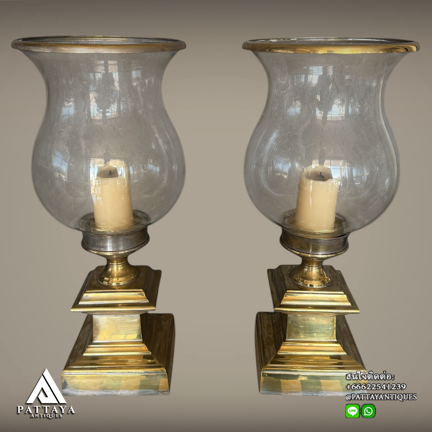Pair of Glass & Brass Hurricane candle holders