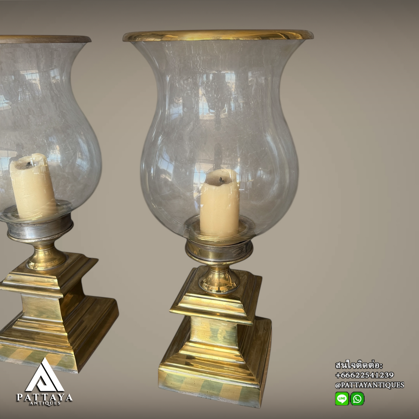 Pair of Glass & Brass Hurricane candle holders