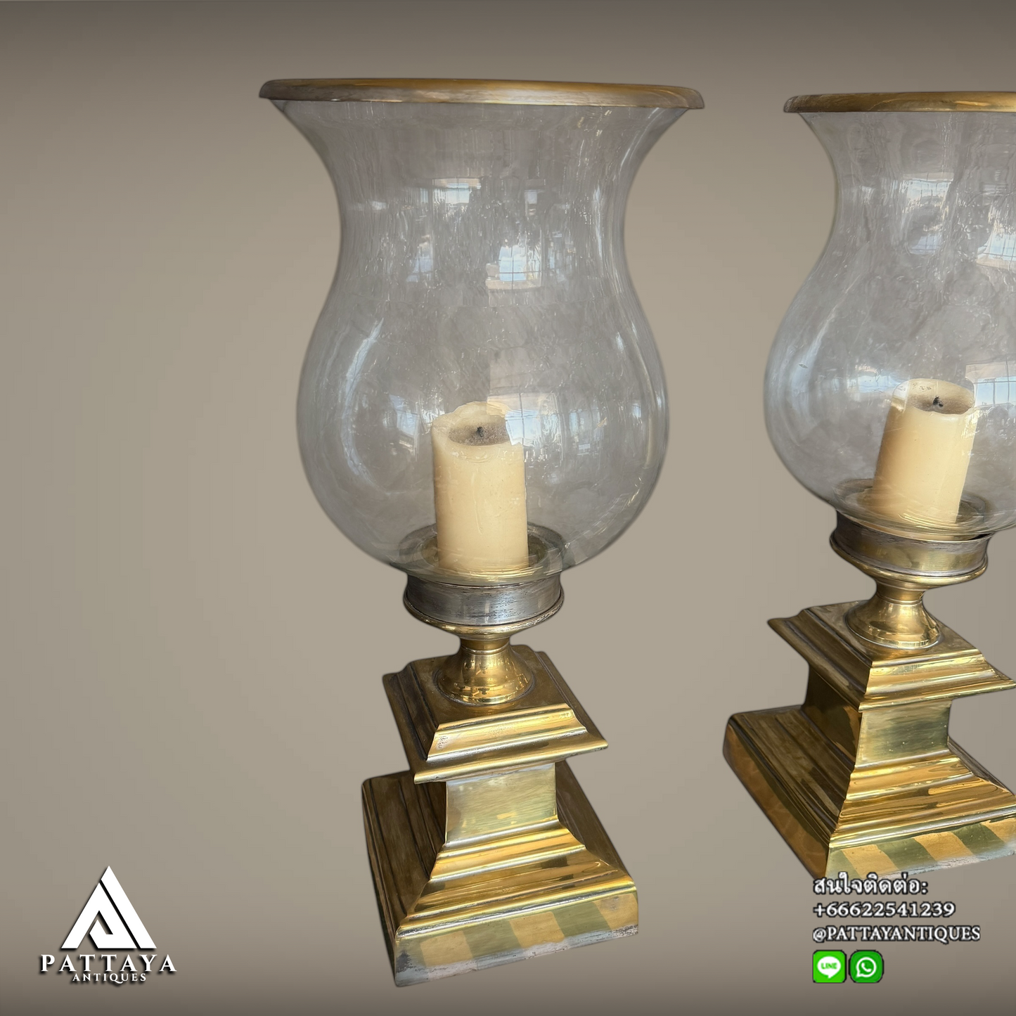 Pair of Glass & Brass Hurricane candle holders
