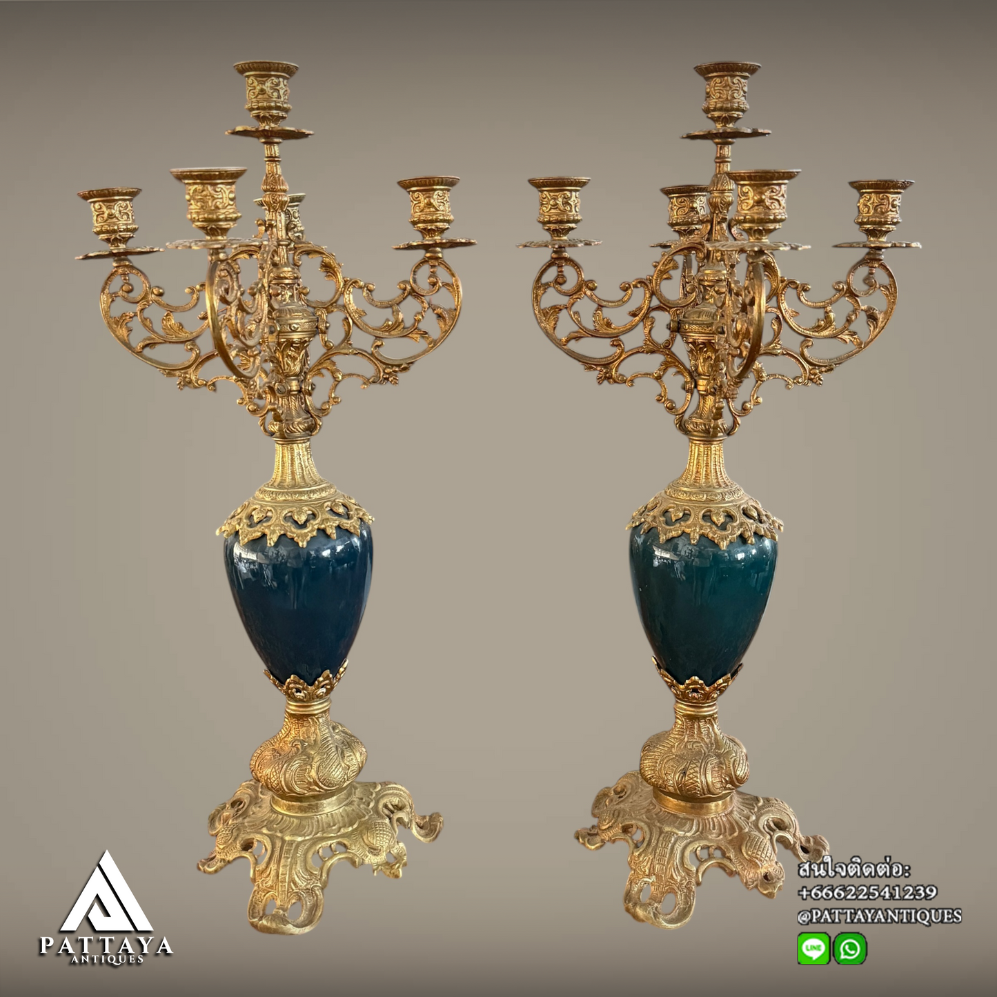 Pair of Ormolu Dark Cyan glazed porcelain 5 light Candelabras