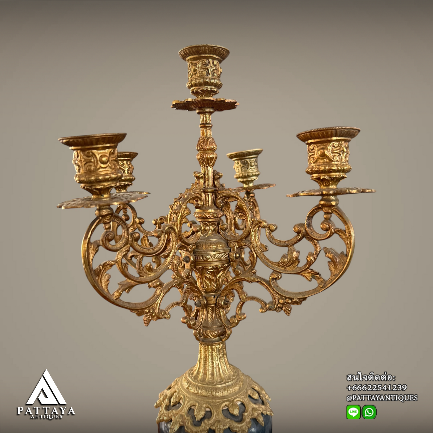 Pair of Ormolu Dark Cyan glazed porcelain 5 light Candelabras