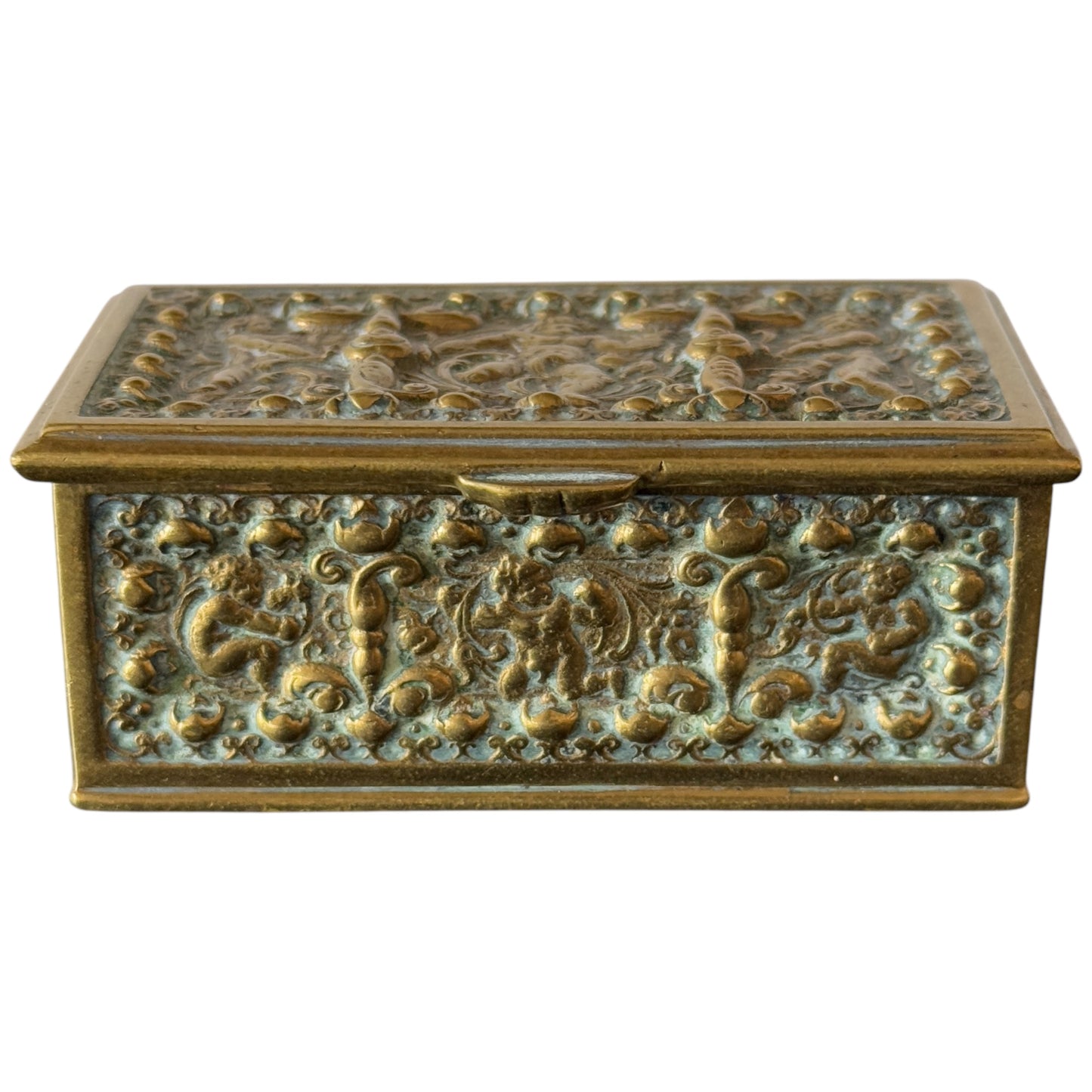 Antique Brass stamped storage box with Cupid scenes