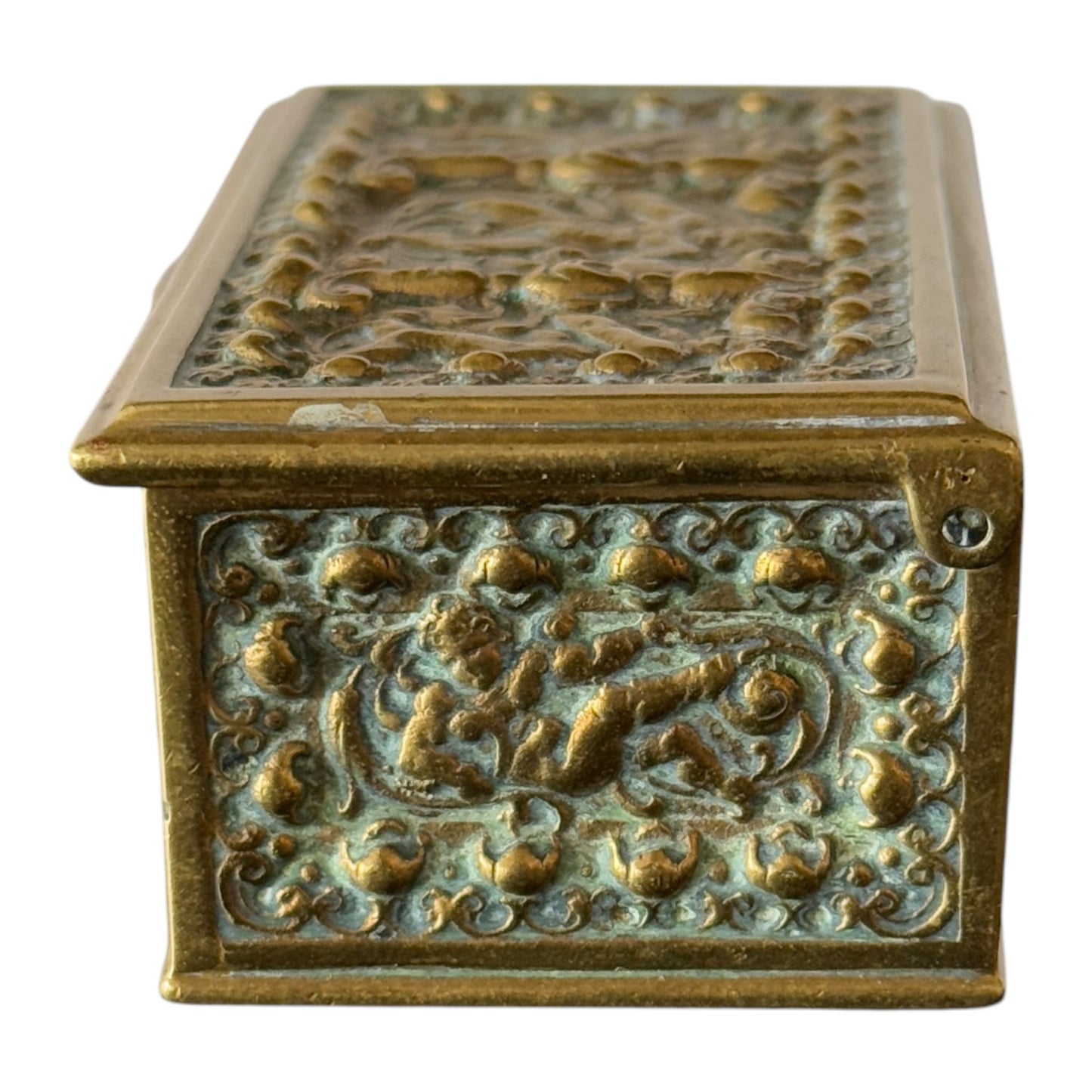 Antique Brass stamped storage box with Cupid scenes