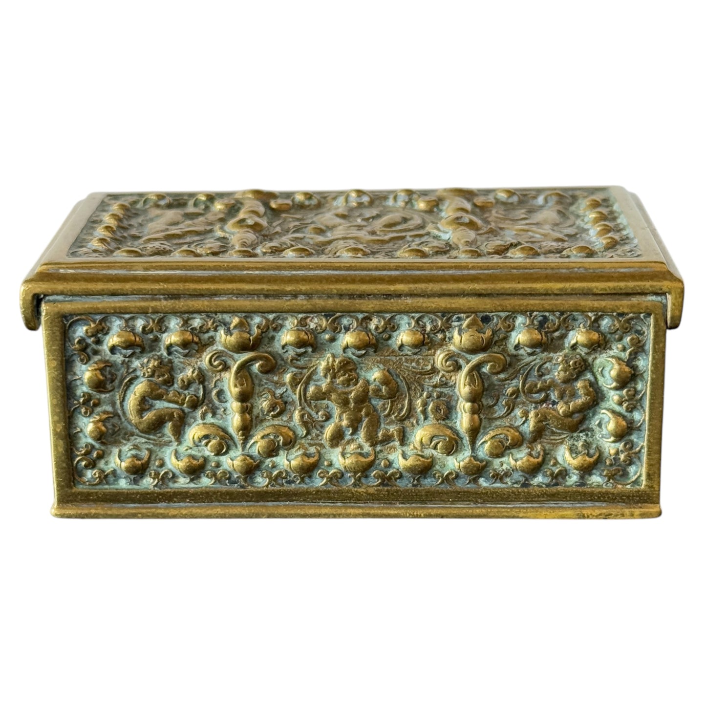 Antique Brass stamped storage box with Cupid scenes