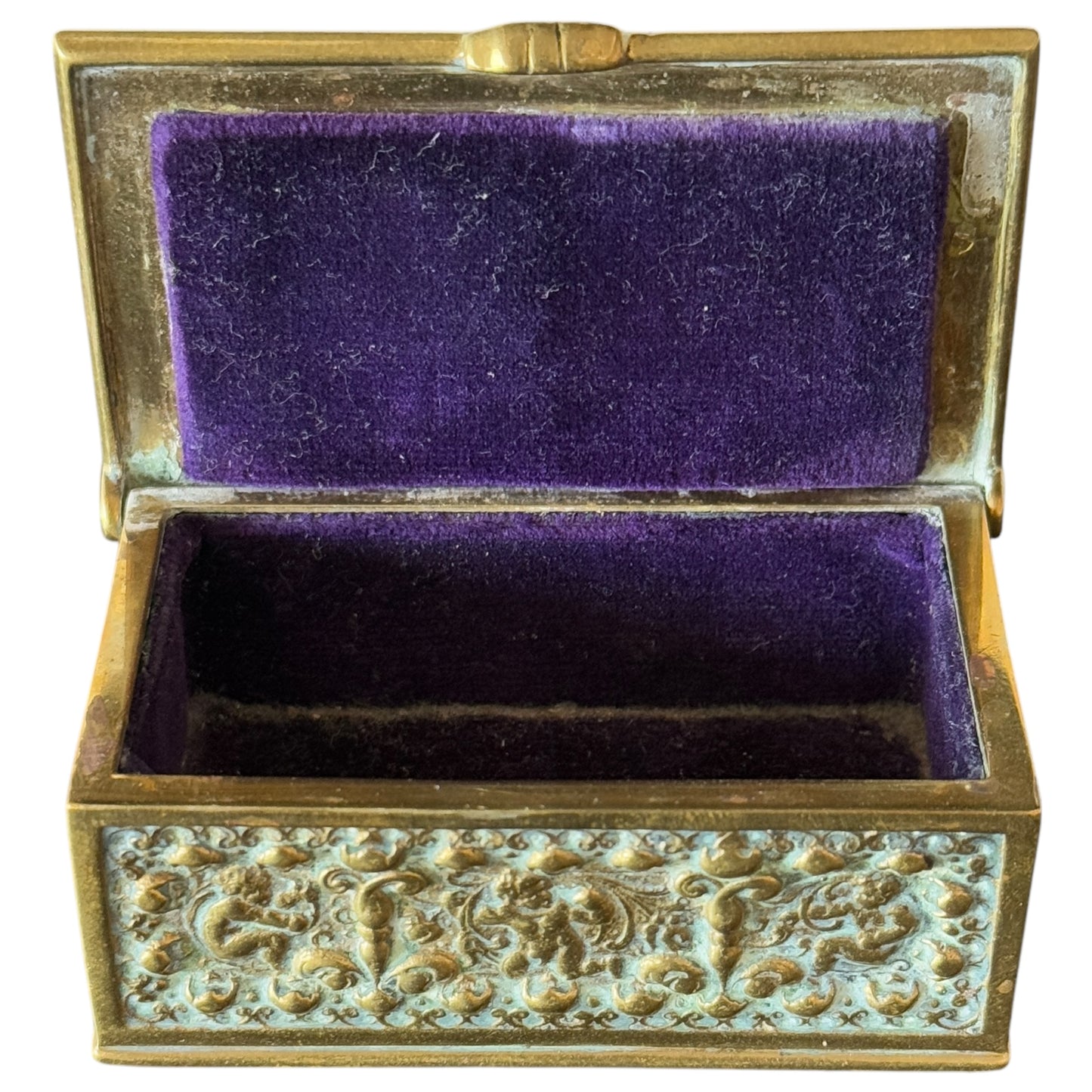 Antique Brass stamped storage box with Cupid scenes