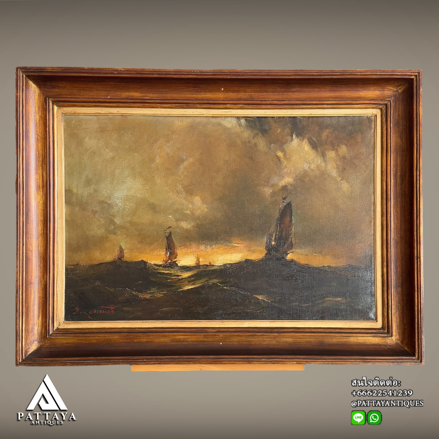 Oil on canvas depicting Sailing boats on rough sea