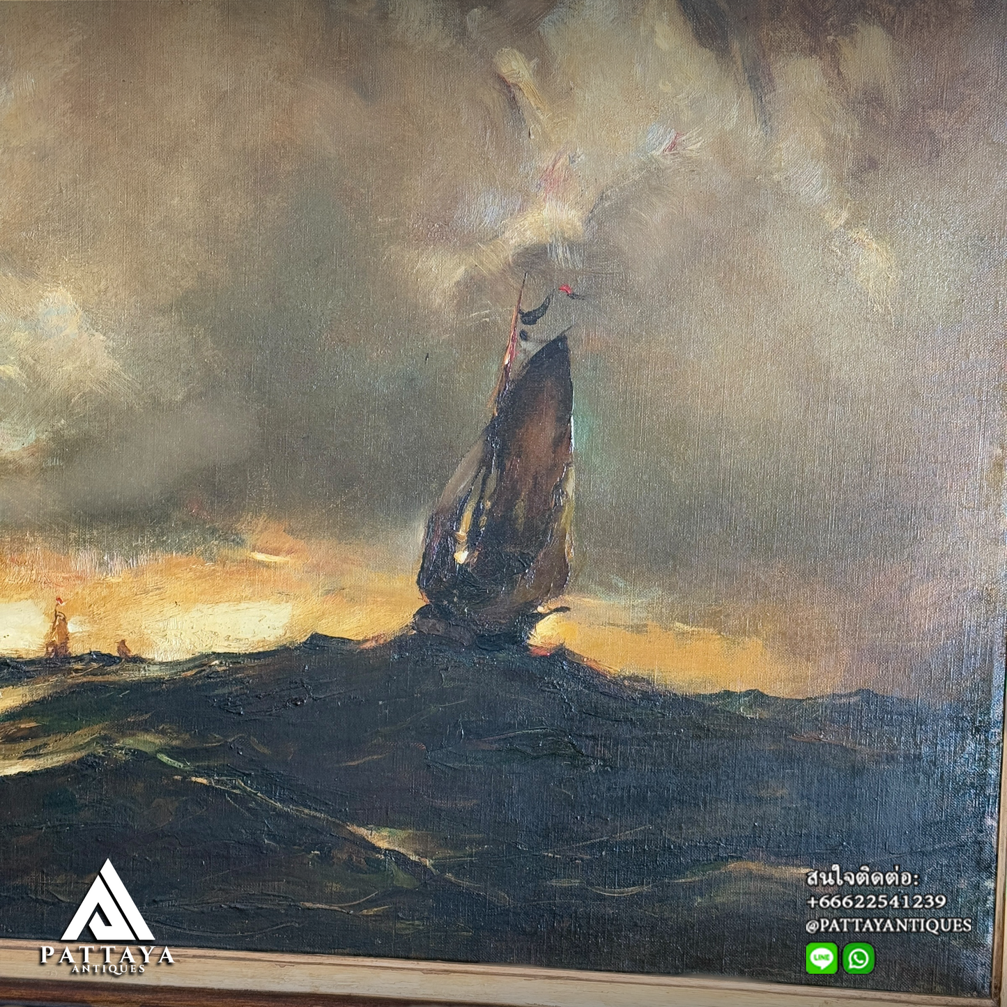 Oil on canvas depicting Sailing boats on rough sea