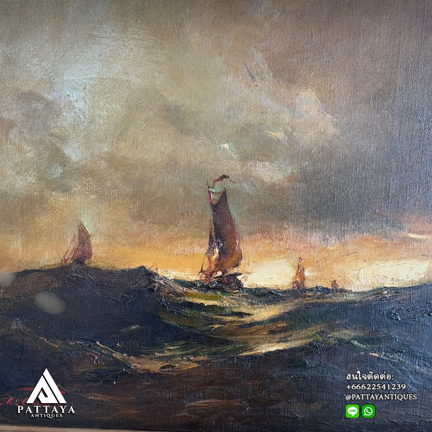 Oil on canvas depicting Sailing boats on rough sea