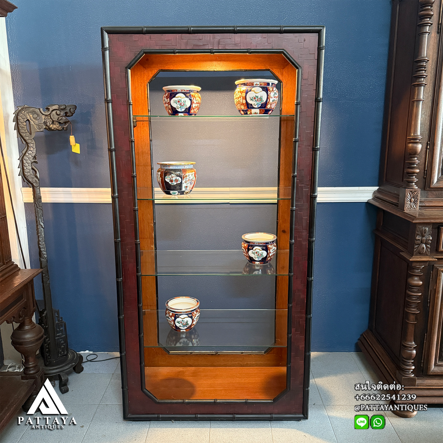 Vintage Hollywood Regency Bamboo Rattan Open Display Cabinet
