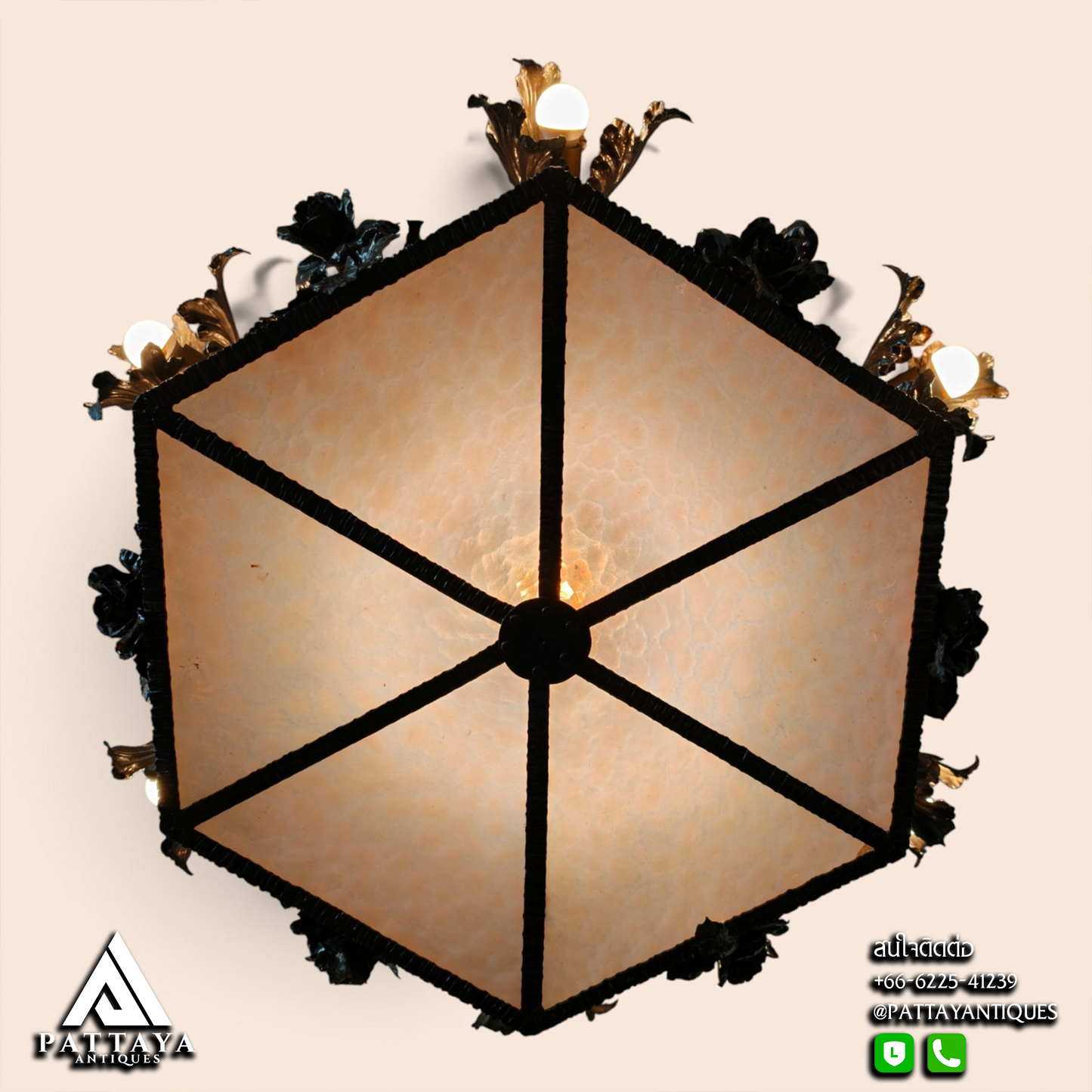 1920s Wrought Iron Chandelier with Amber Glass
