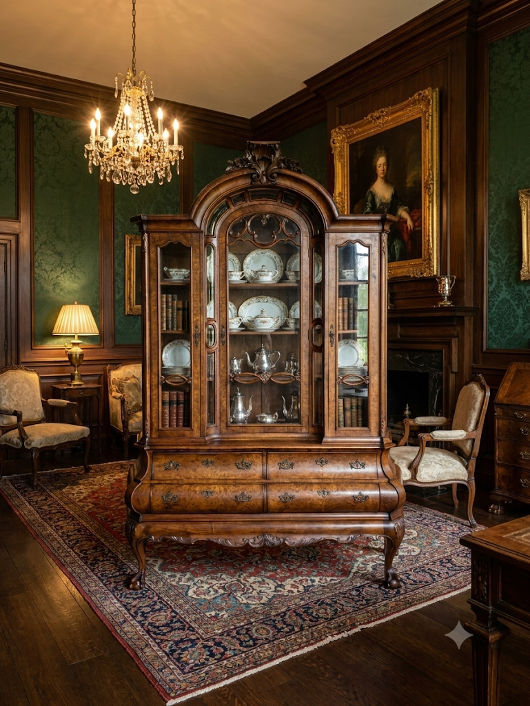 19th Century Dutch Burl Walnut Bombe Display Cabinet