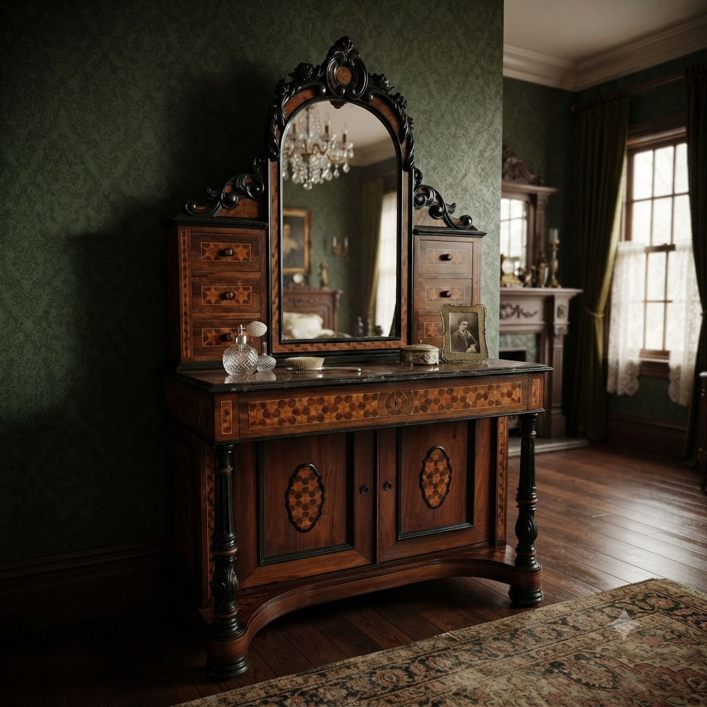 19th Century Victorian Marquetry & Ebonised Carved Dressing