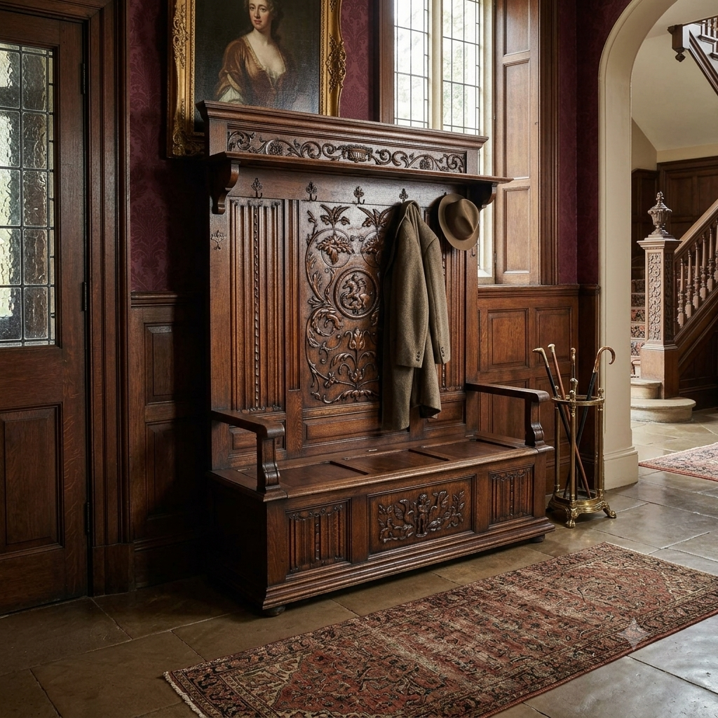 19th Century Renaissance Style Oak French Hall-Bench