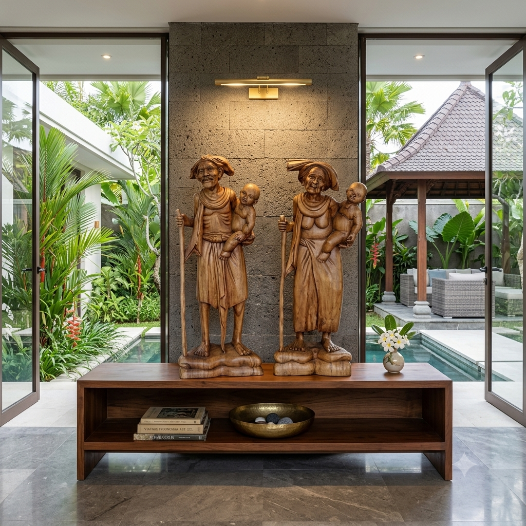 Set of Very Detailed Wood Carved Balinese Grandparents Statues