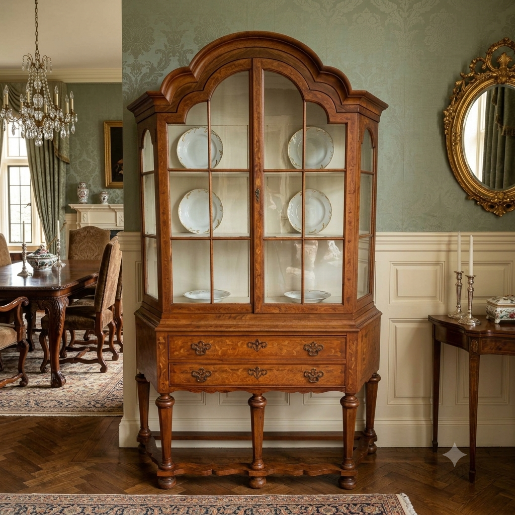 Antique Dutch Marquetry Burr Walnut Display Cabinet