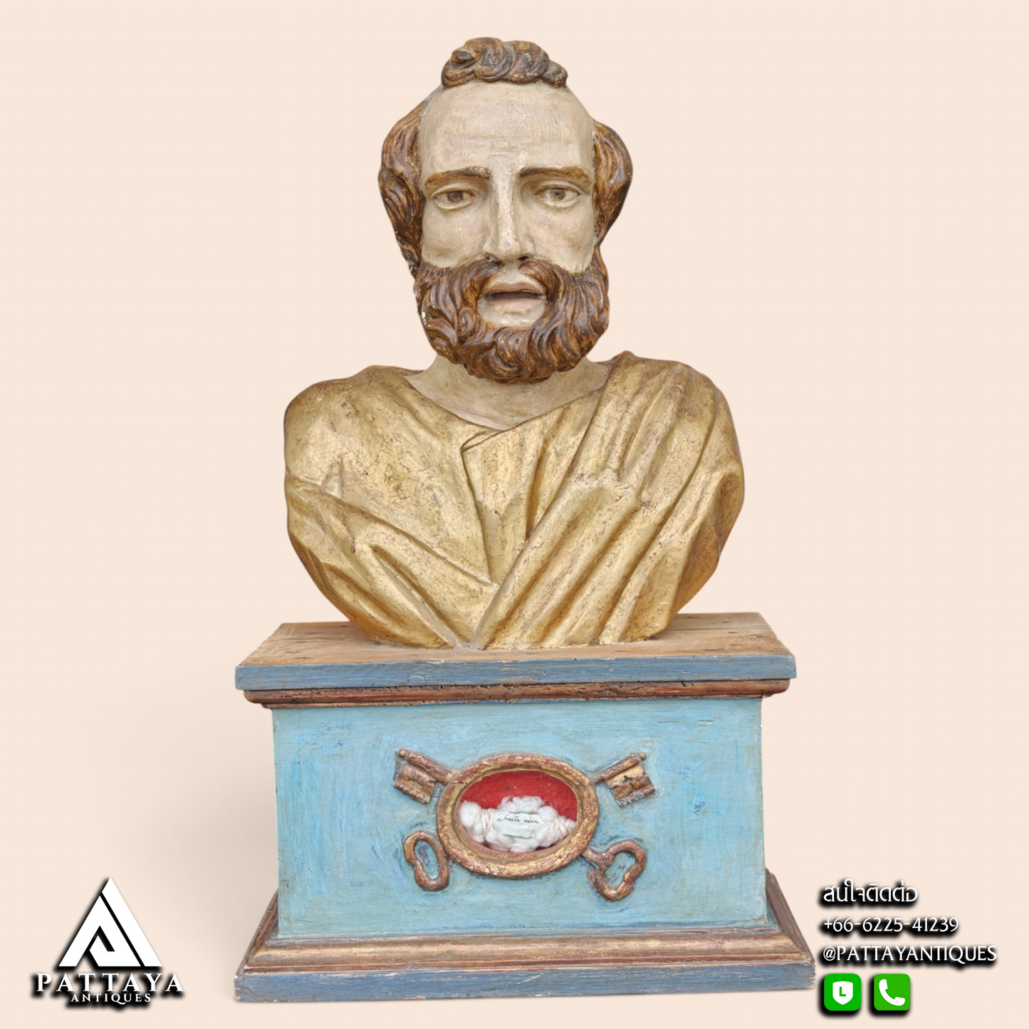18th Century Polychrome Wood Reliquary Bust Representing Saint Peter