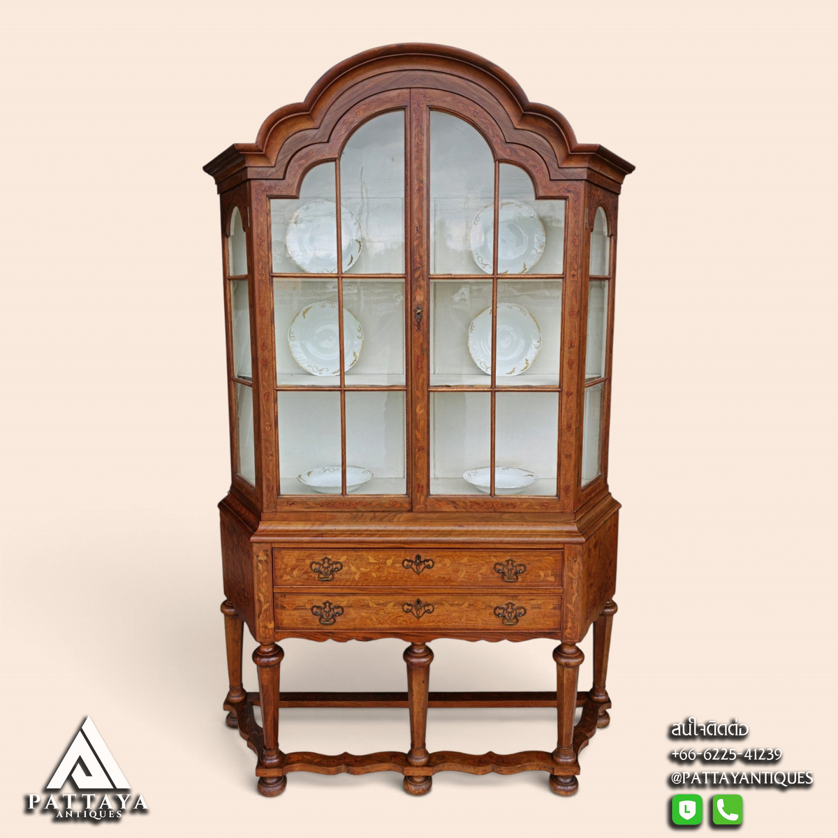 Antique Dutch Marquetry Burr Walnut Display Cabinet