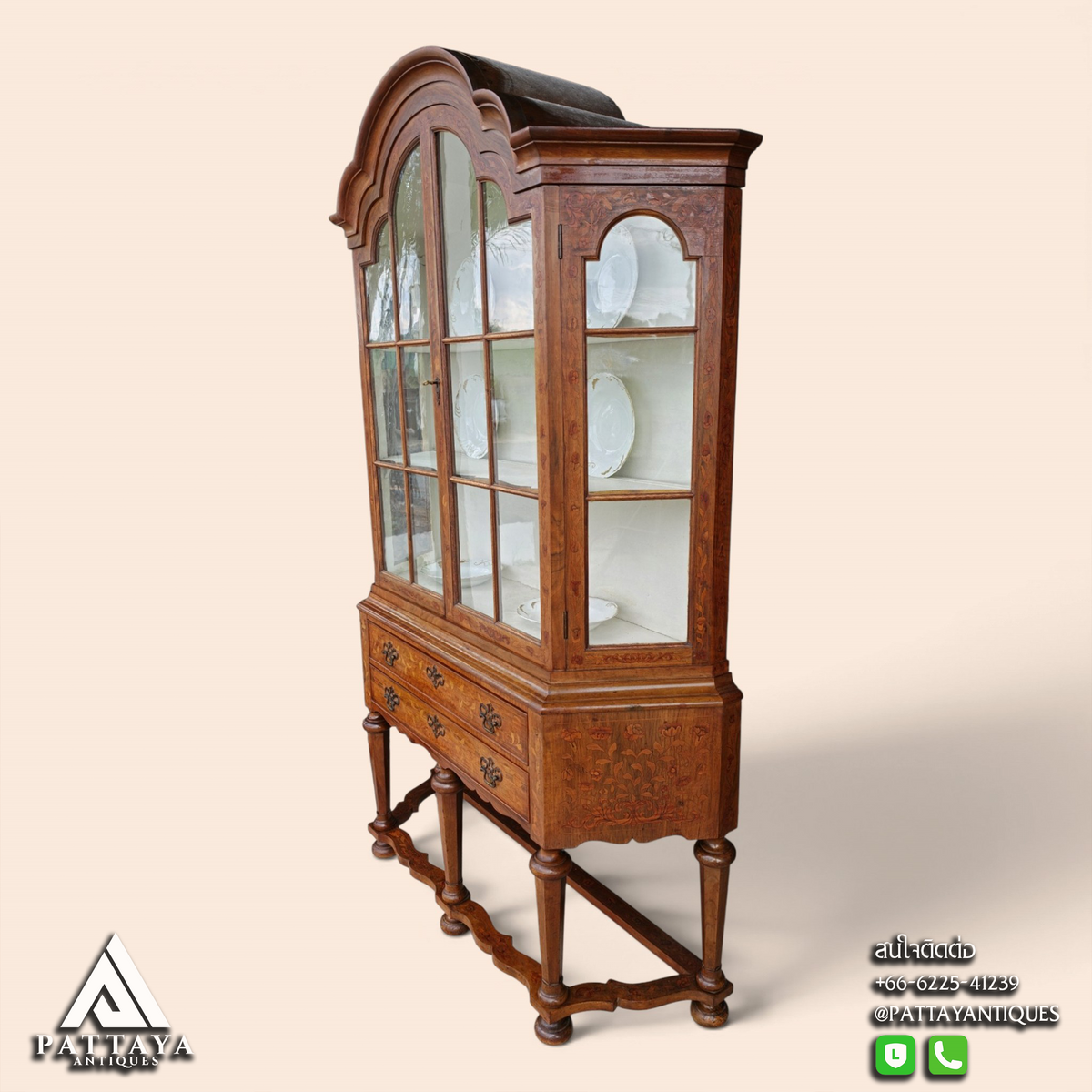 Antique Dutch Marquetry Burr Walnut Display Cabinet
