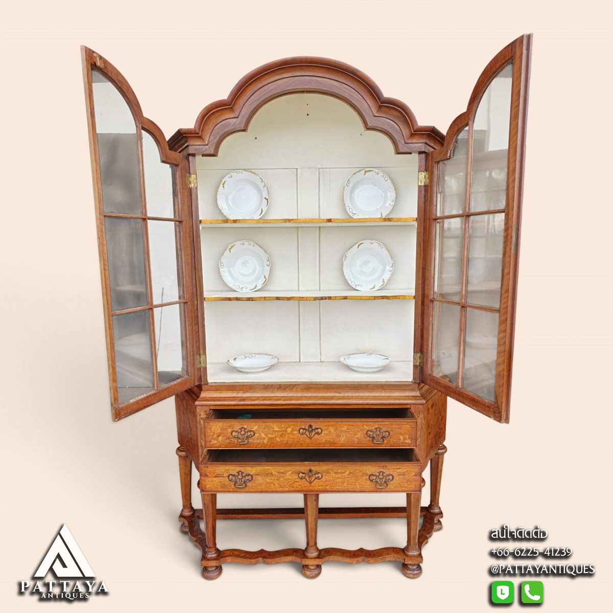 Antique Dutch Marquetry Burr Walnut Display Cabinet