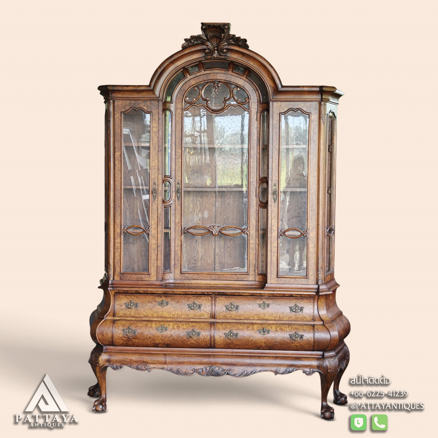 19th Century Dutch Burl Walnut Bombe Display Cabinet