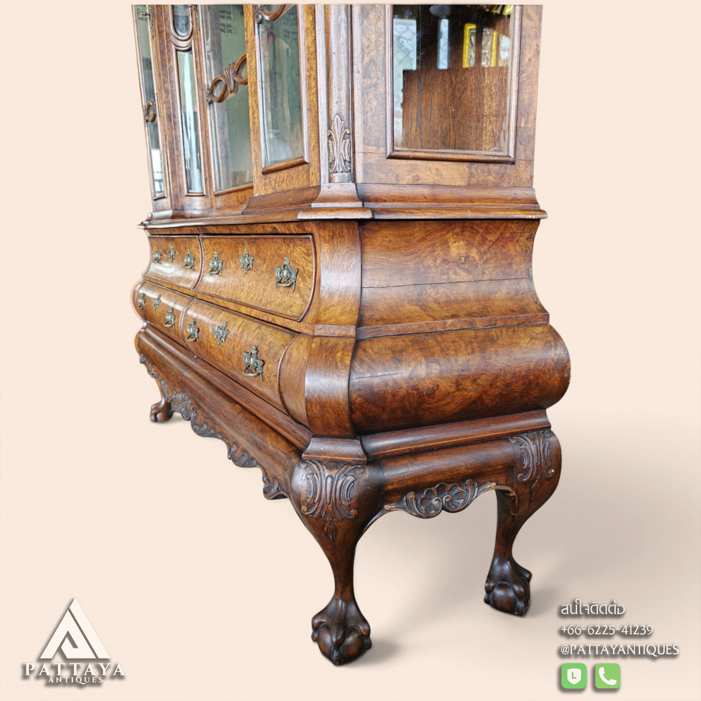 19th Century Dutch Burl Walnut Bombe Display Cabinet