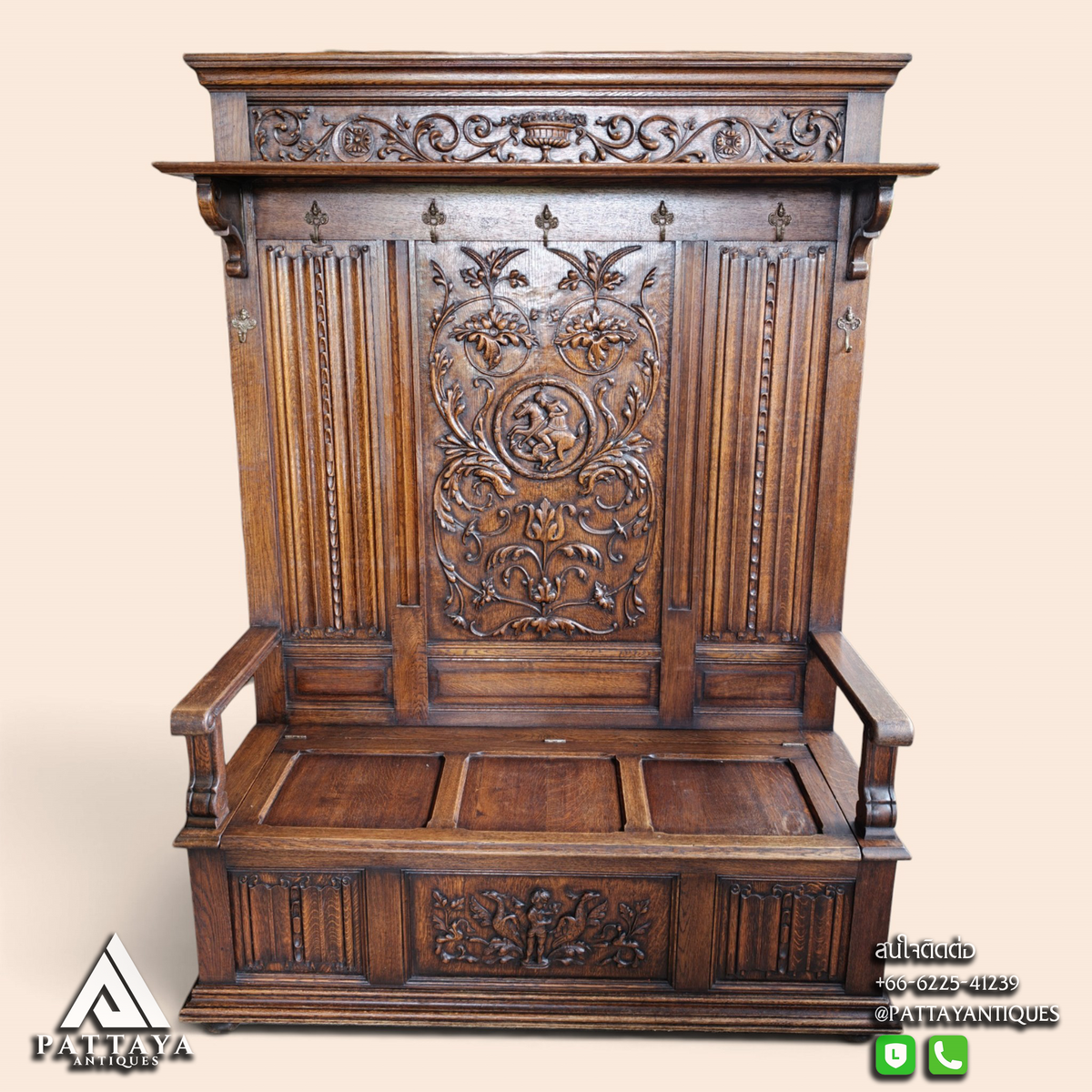 19th Century Renaissance Style Oak French Hall-Bench