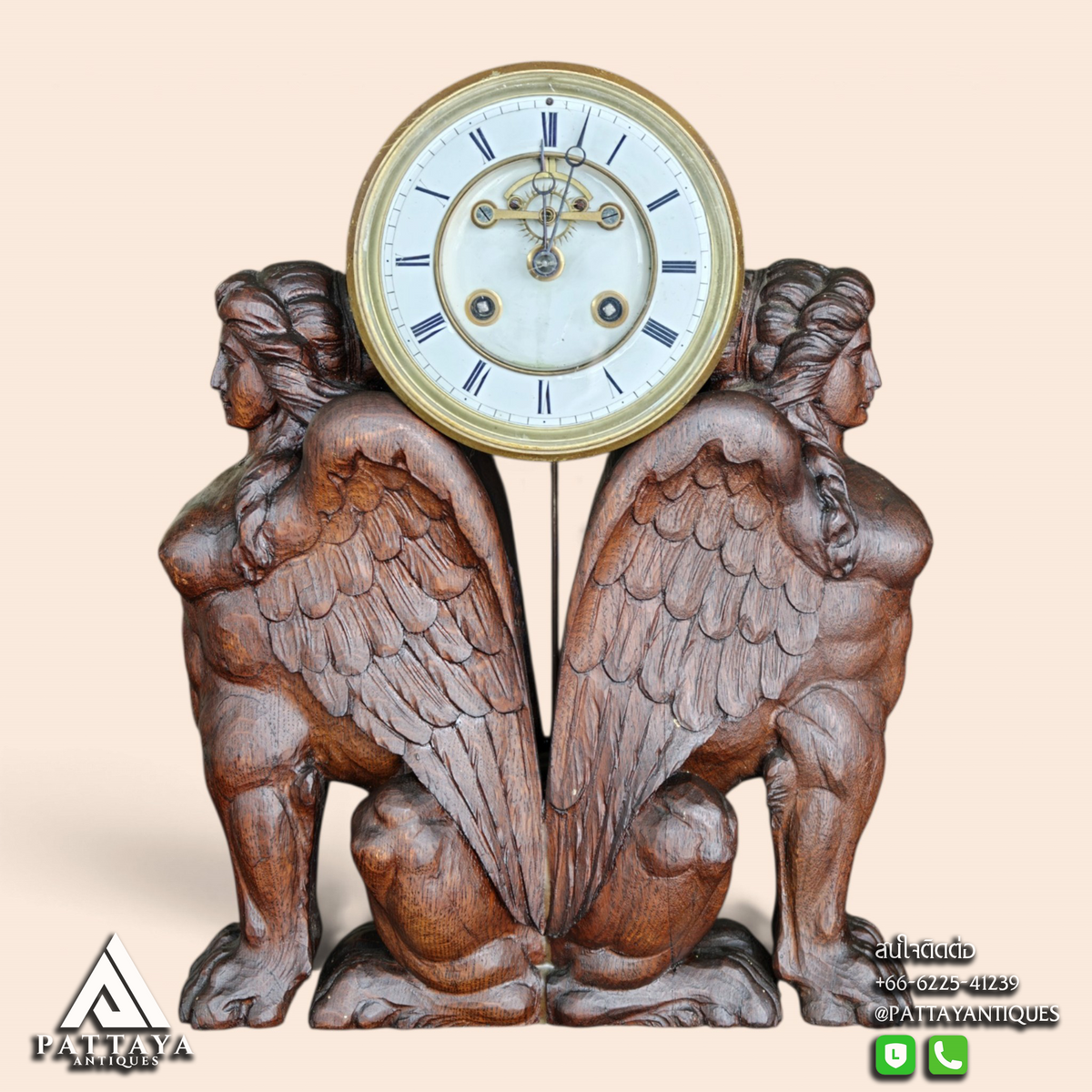 Antique Wood Carved Sphinx Table Clock