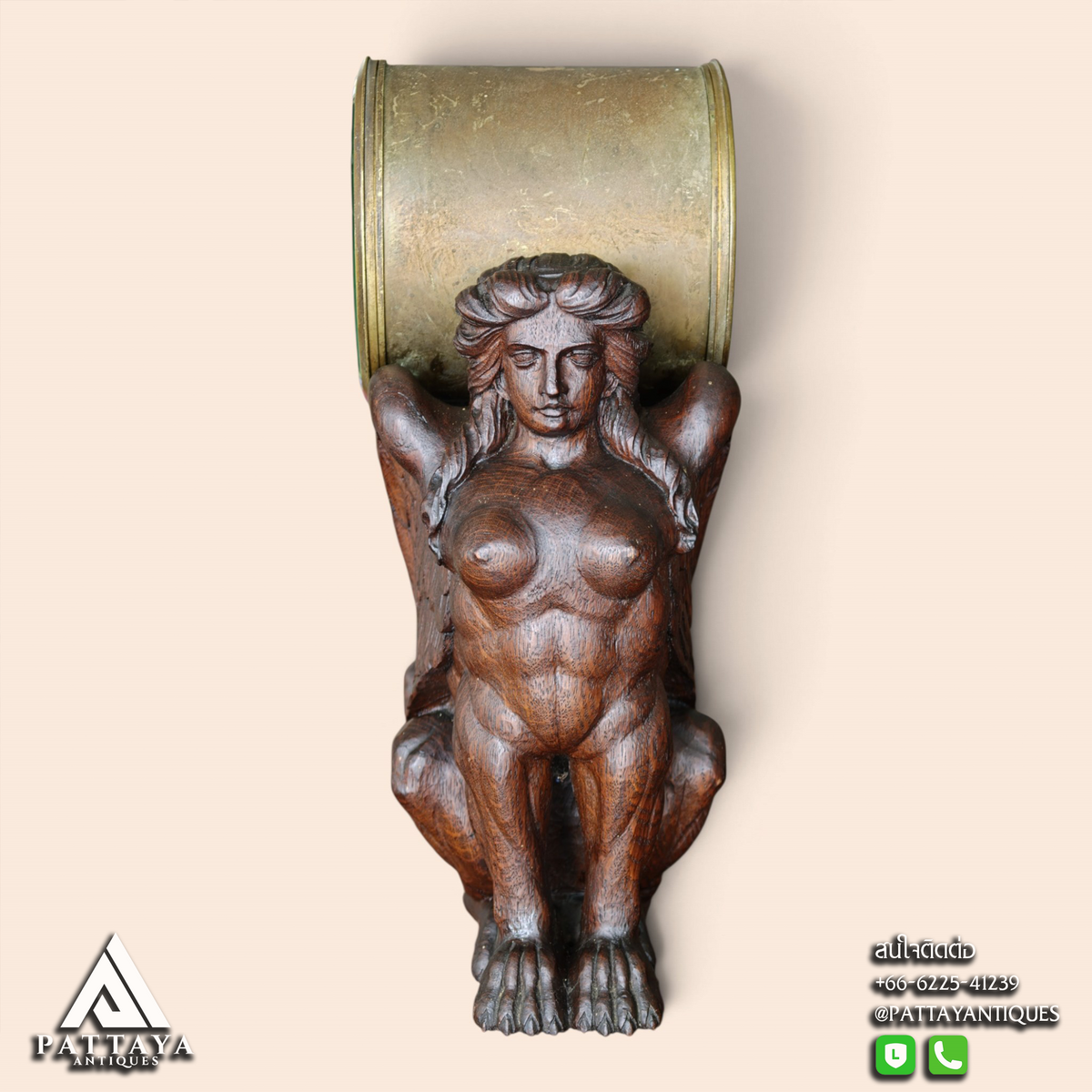 Antique Wood Carved Sphinx Table Clock