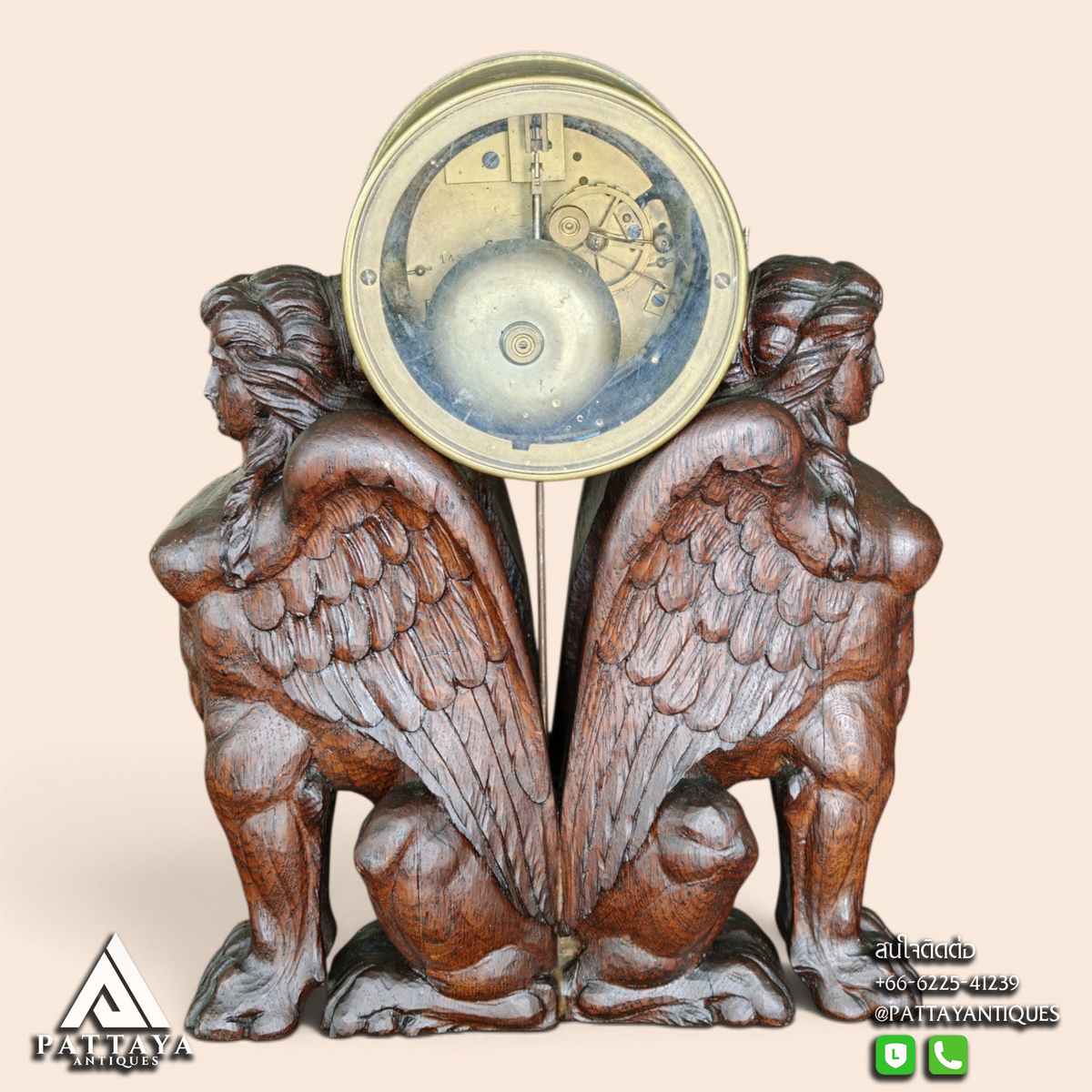 Antique Wood Carved Sphinx Table Clock