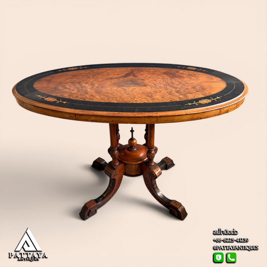 19th Century English Victorian Ebony & Burr Walnut Inlay Oval Center Table