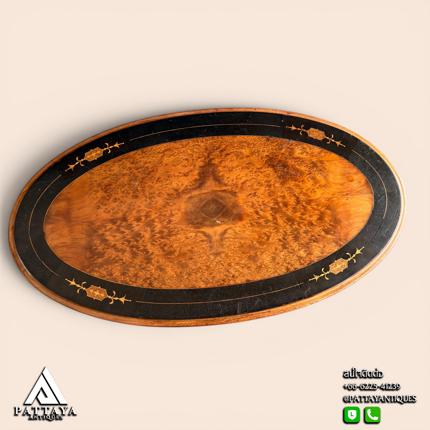 19th Century English Victorian Ebony & Burr Walnut Inlay Oval Center Table
