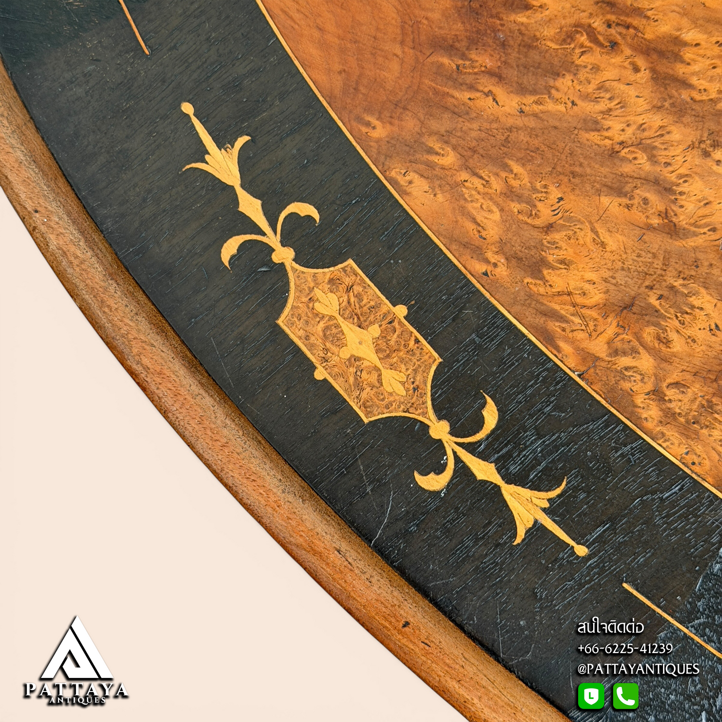 19th Century English Victorian Ebony & Burr Walnut Inlay Oval Center Table