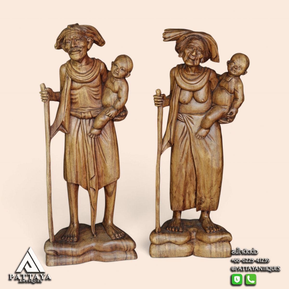 Set of Very Detailed Wood Carved Balinese Grandparents Statues