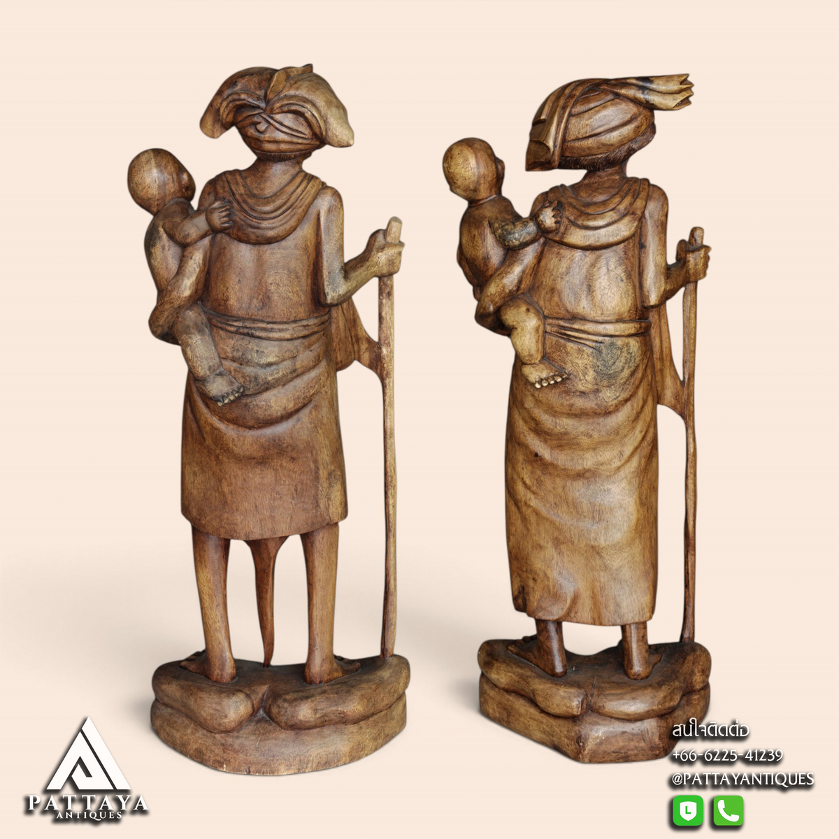 Set of Very Detailed Wood Carved Balinese Grandparents Statues