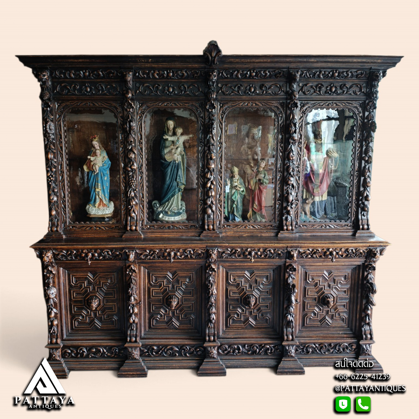 Very Large 19th Century Extremely Intricately Carved 8 Doors Display / Book Cabinet