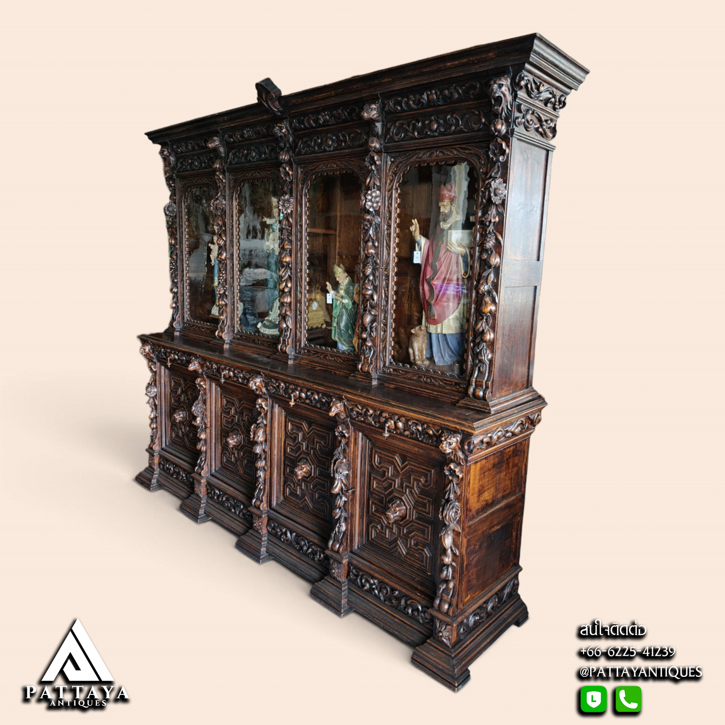 Very Large 19th Century Extremely Intricately Carved 8 Doors Display / Book Cabinet