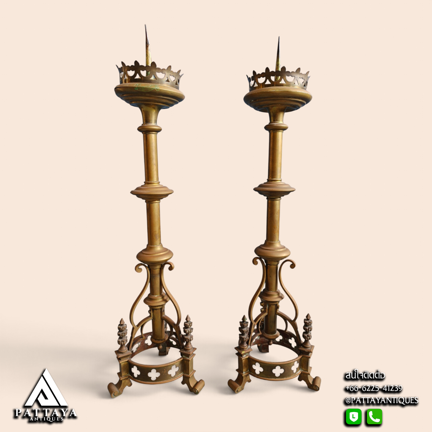 Pair Brass Gothic Candle Holders
