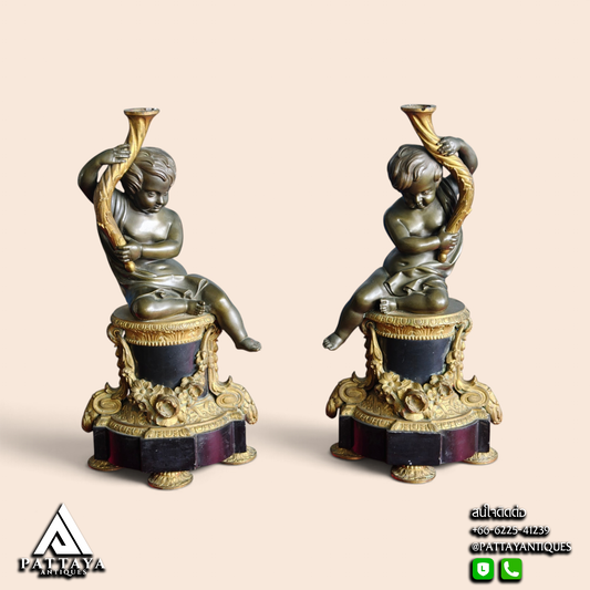 19th Century Pair of Cherub Bronze & Marble Candle Holders