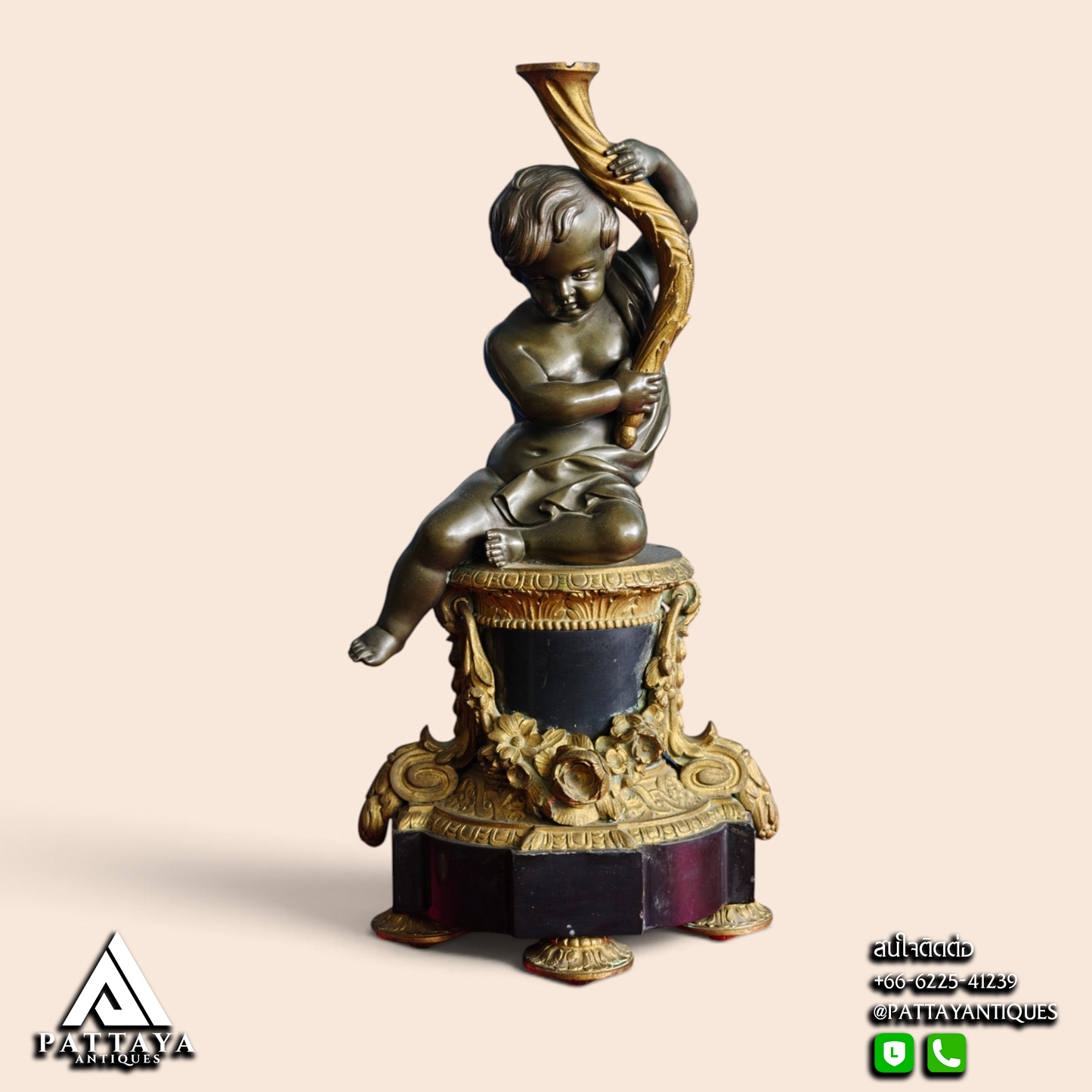 19th Century Pair of Cherub Bronze & Marble Candle Holders